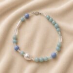 Colier handmade cu perle naturale și pietre semiprețioase în nuanțe de albastru pastel