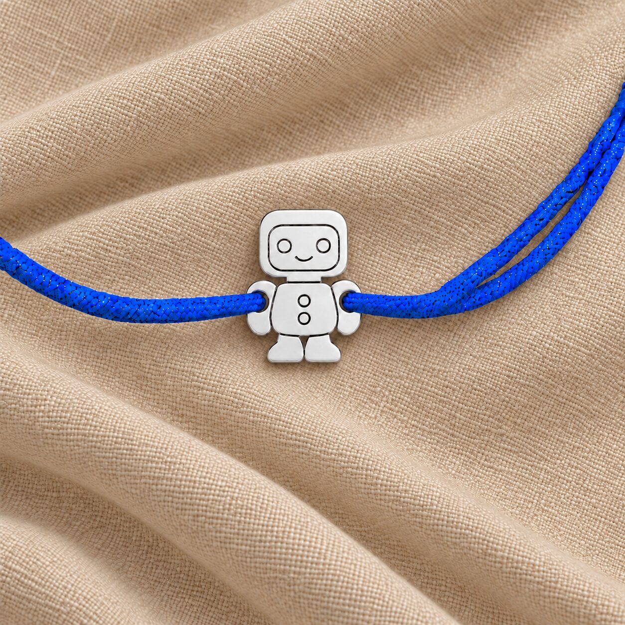 Pandantiv robot argintiu pe țesătură crem-bej Brățară cu roboțel din Argint 925 pe șnur reglabil - imagine 1